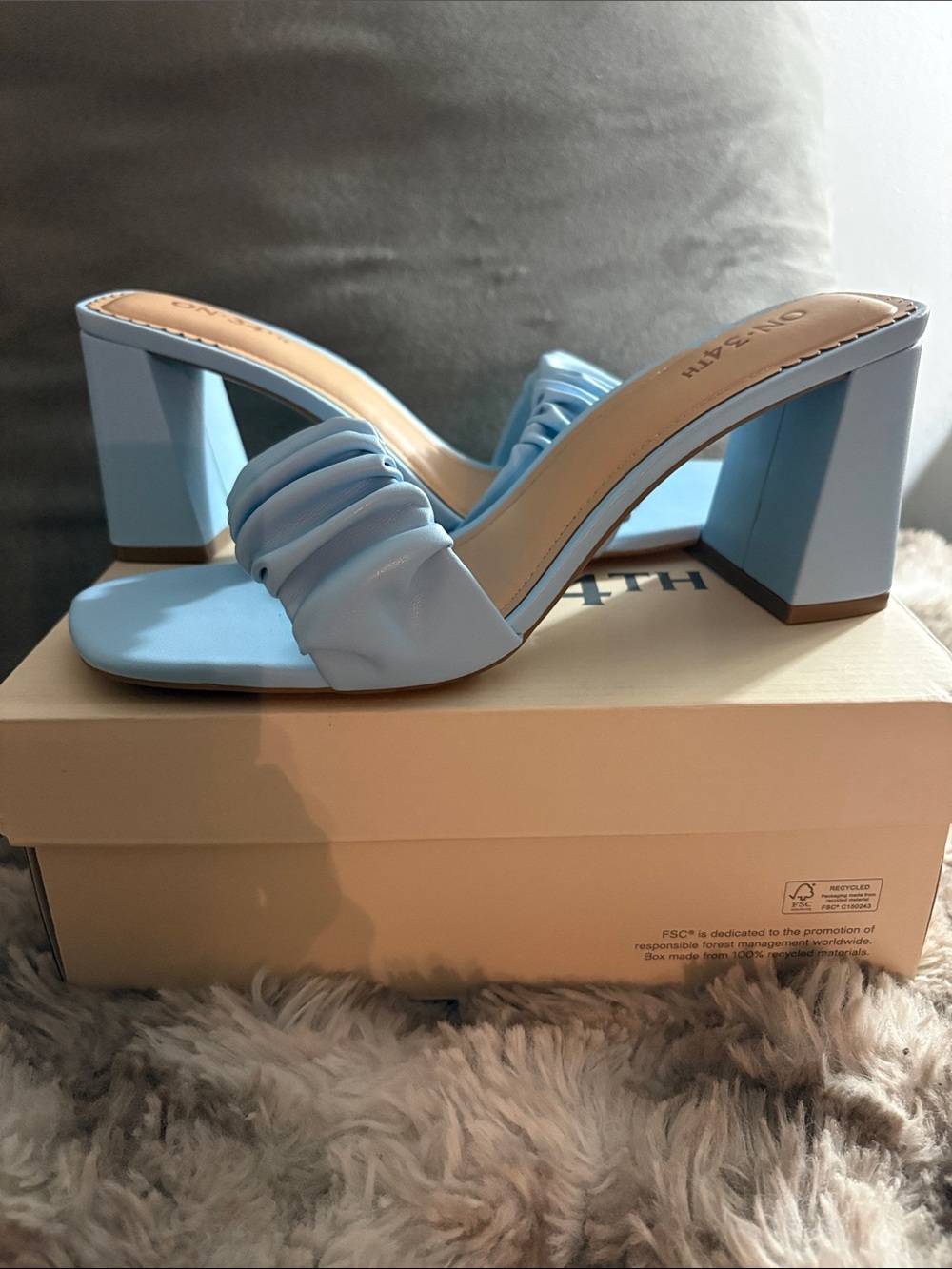 Light Blue Ruched Block Heel Slide by ON|3ATH